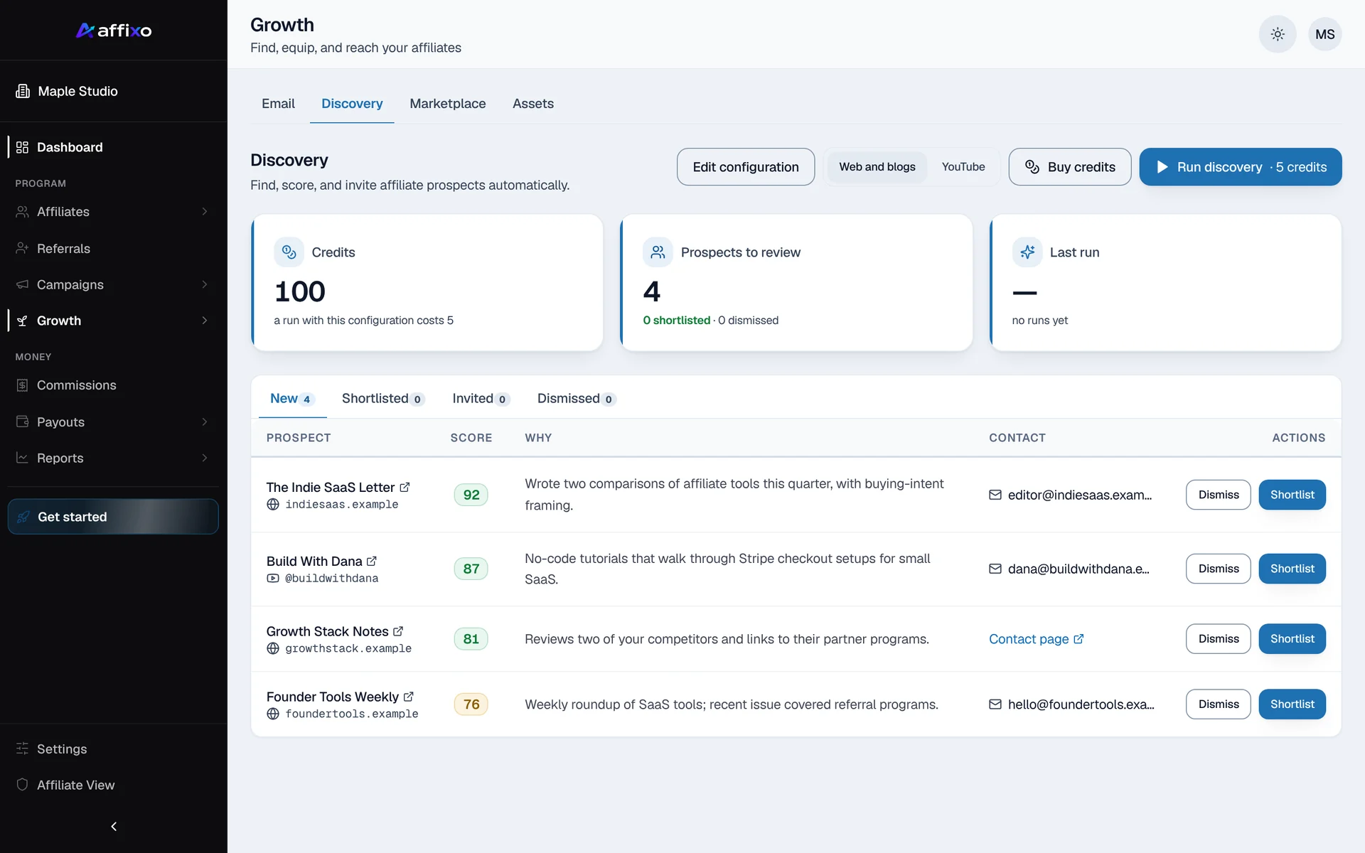 Affiliate Finder in affixo: scored prospects with the reason for each score, a contact, and shortlist or dismiss actions