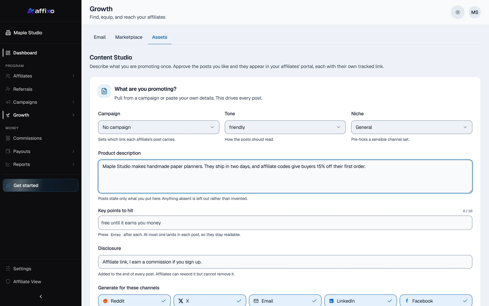 Content Studio in affixo: a brief describing what affiliates promote, with tone, niche and the channels to generate posts for