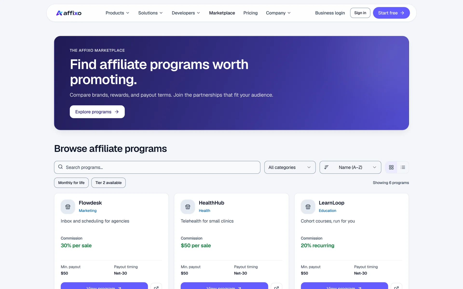 The affixo Marketplace: a searchable directory of affiliate programs showing each program's category, commission and payout terms