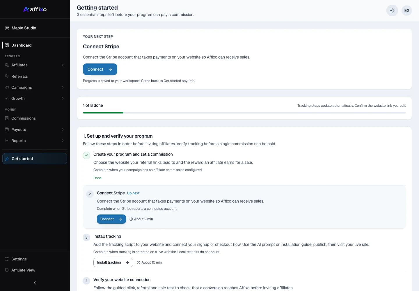The affixo Getting started checklist: connect Stripe, install tracking and verify, with progress saved to your workspace