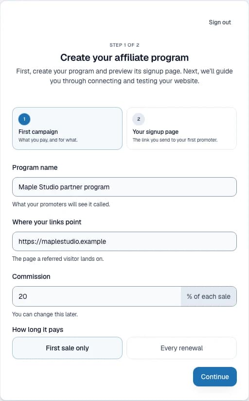 Creating an affiliate program in affixo: program name, where links point, commission and how long it pays